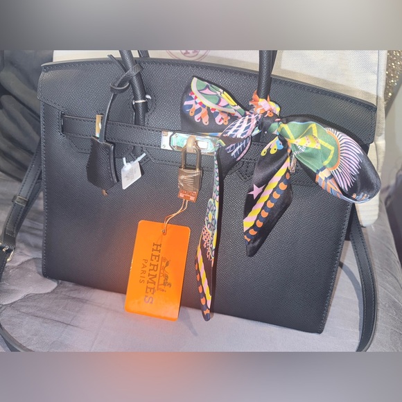 Elegant Black Handbag with Scarf Accent - Picture 2 of 15